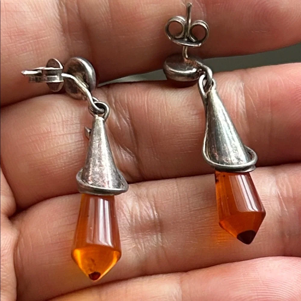 🖤Vintage Sterling Silver & Baltic Amber Drop Earrings - Picture 5 of 7